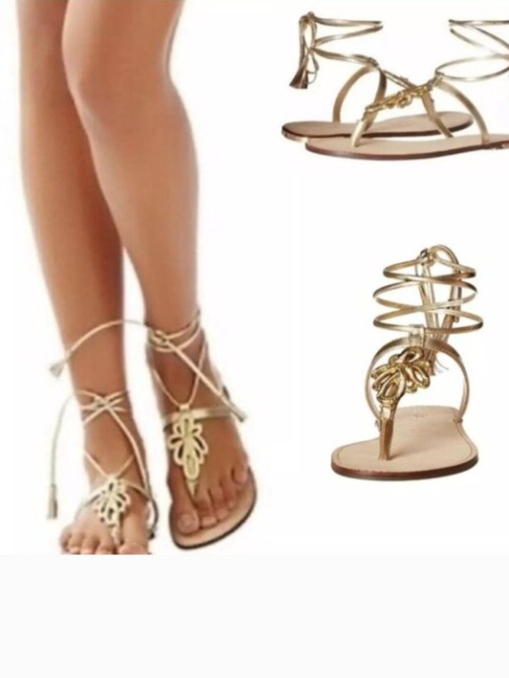 Lilly Pulitzer Sandals Pier Tie Up Tassel Gladiator Metallic Gold Leather $138 6